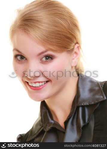 Portrait of young businesswoman boss beautiful blonde woman student girl isolated on white. Business worker.