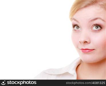 Portrait of young businesswoman boss blond woman in shirt with blank copy space isolated on white. Business worker.