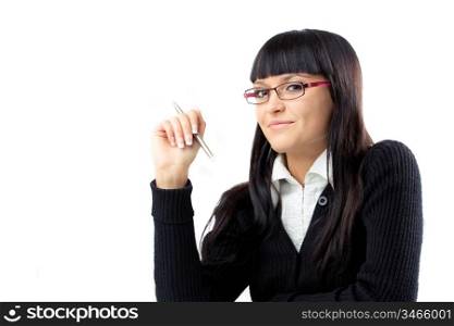 portrait of young cheerful businesswoman over white with copyspace