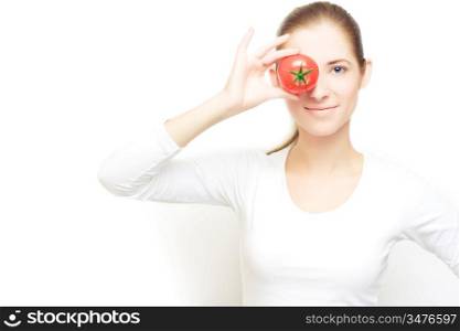 Portrait of young cheerful woman with tomato