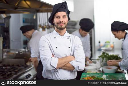 Portrait of young chef standing in commercial kitchen at restaurant. Portrait of young chef