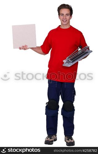 portrait of young delivery man holding board