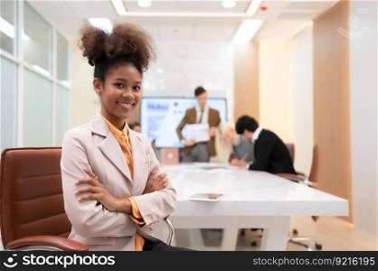 Portrait of young entrepreneurs are enthusiastically taking their ideas and sharing perspectives. In the meeting room of an international business corporation,