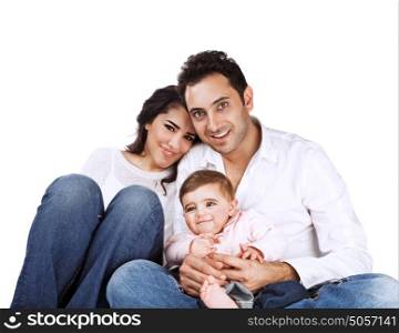 Portrait of young family isolated on white background, cheerful parents with cute baby posing in the studio, togetherness concept