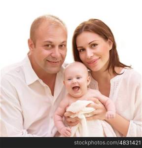 Portrait of young family isolated on white background, happy parents with newborn baby, adorable child with mother and father, love concept