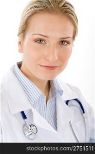 Portrait of young female doctor with stethoscope on white