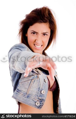 portrait of young female showing hand gesture on an isolated background