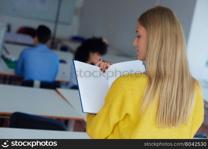 portrait of young female student at school classroom