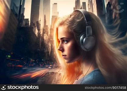 Portrait of young girl with blonde hair listening music with headphones on city street. Neural network AI generated art. Portrait of young girl with blonde hair listening music with headphones on city street. Neural network generated art