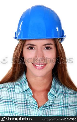 Portrait of young girl with blue helmet