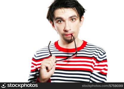 portrait of young handsome guy with glasses on white background