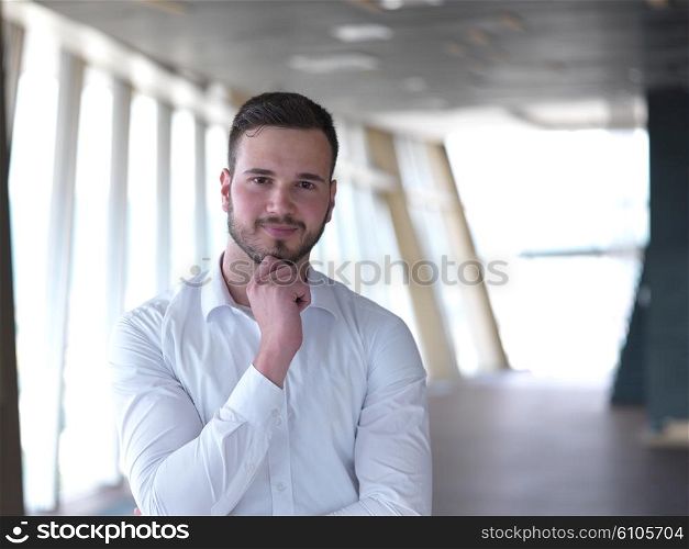 portrait of young handsome hipster business man with beard at modern office space interior