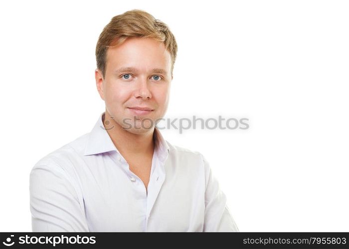 Portrait of young handsome man in white shirt on white background.