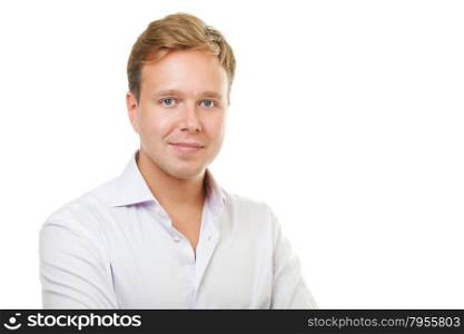Portrait of young handsome man in white shirt on white background.
