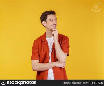 Portrait of young handsome man looking confident at the camera with smile with crossed arms and hand raised on chin over isolated background. Thinking positive concept.