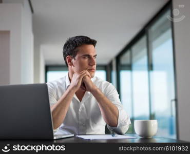 portrait of young happy business man working on laptop computer at home