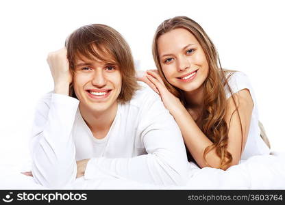 Portrait of young happy couple at home