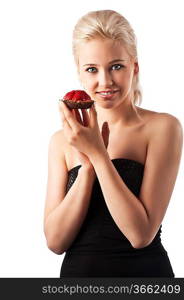 Portrait of young happy woman with sweets with blond hair and elegant dress isolated over white