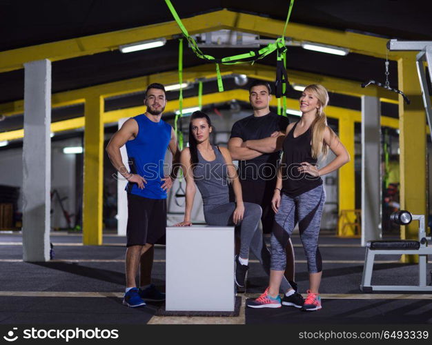 portrait of young healthy athletic people training jumping on fit box at crossfitness gym. portrait of athletes working out jumping on fit box