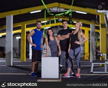 portrait of young healthy athletic people training jumping on fit box at crossfitness gym. portrait of athletes working out jumping on fit box