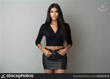 portrait of young latina girl with black straight hair wears a modern leather top and skirt, model posing in studio, portrait and glamorous fashion . Ai Generative