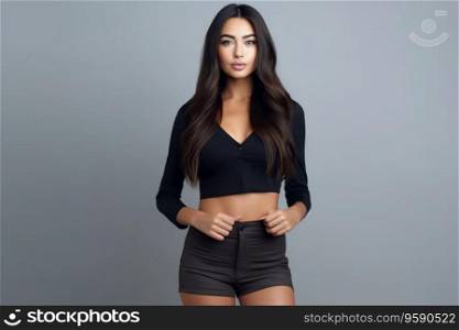portrait of young latina girl with black straight hair wears a modern leather top and skirt, model posing in studio, portrait and glamorous fashion . Ai Generative
