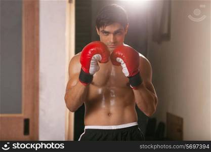 Portrait of young male boxer wearing boxing gloves in gym