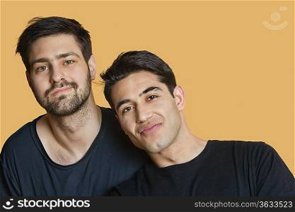 Portrait of young male friends over colored background