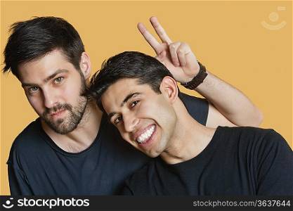 Portrait of young male friends with peace sign over colored background