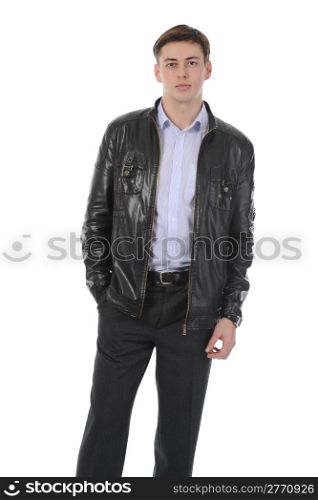 Portrait of young man in a leather jacket. Isolated on white background