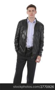 Portrait of young man in a leather jacket. Isolated on white background