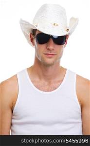 Portrait of young man in sunglasses and holiday hat