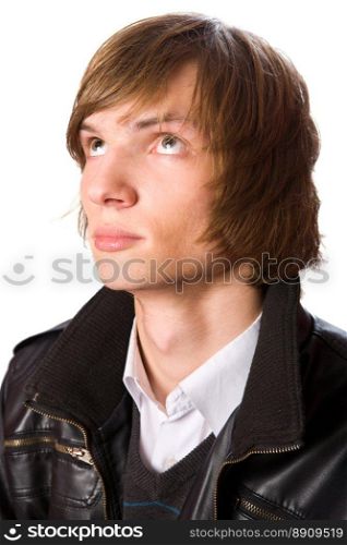 Portrait of Young man looking up for help isolated