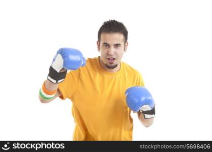 Portrait of young man wearing boxing gloves over white background