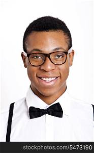 Portrait of young man wearing glasses over white background