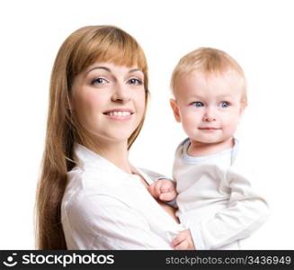 portrait of young mother with her adorable son, isolated on white, studio shot