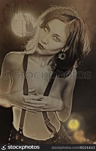 Portrait of young naked East girl on a black background
