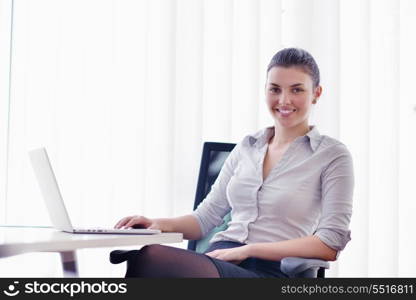 portrait of Young pretty business woman work on notebook computer in the bright modern office indoors