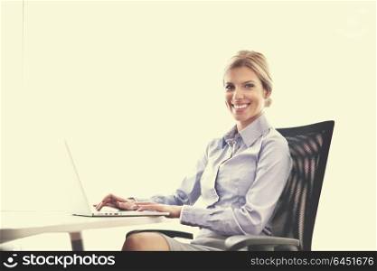 portrait of Young pretty business woman work on notebook computer in the bright modern office indoors
