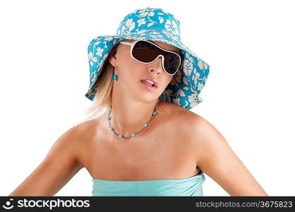 Portrait of young pretty woman in summer contest with hat and sunglasses