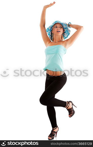 Portrait of young pretty woman in summer dress with hat over white