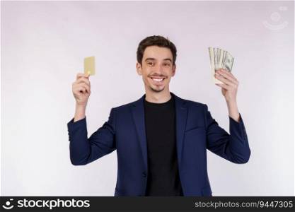Portrait of Young smiling handsome businessman showing credit card and cash isolated over white background. Online shopping, ecommerce, internet banking, spending money concept.