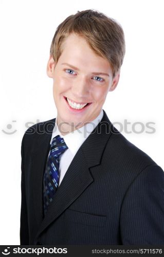Portrait of young smiling successful businessman . On white background