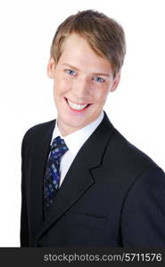 Portrait of young smiling successful businessman . On white background