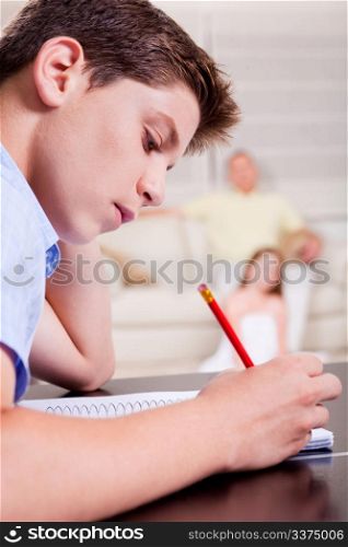 Portrait of young teenager writing in his notebook in living room
