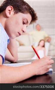 Portrait of young teenager writing in his notebook in living room