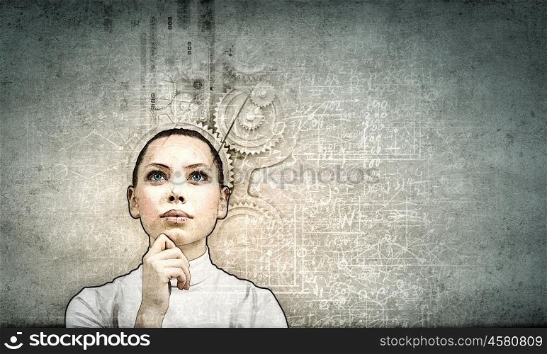 Portrait of young thoughtful woman in grunge style. Thoughtful woman