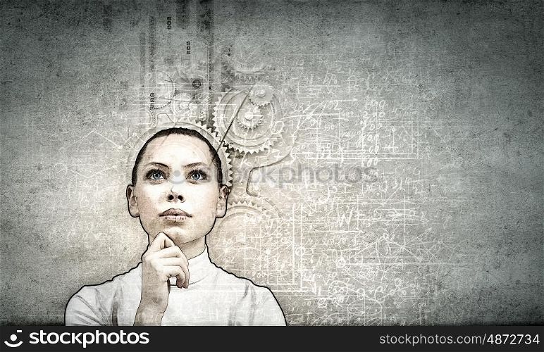 Portrait of young thoughtful woman in grunge style. Vintage styled portrait