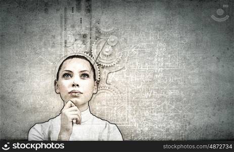Portrait of young thoughtful woman in grunge style. Vintage styled portrait