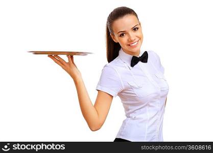 Portrait of young waitress with an empty tray